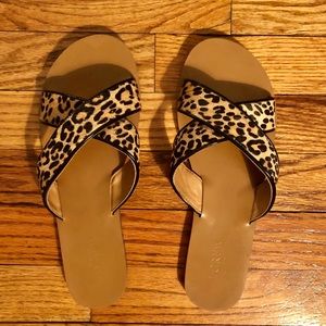 J. Crew Calf Hair Leopard Cross Strap Sandals